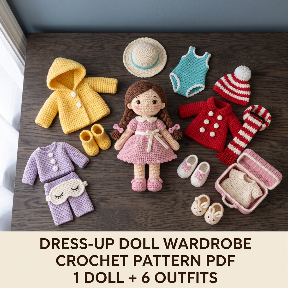 Crochet Doll Pattern with Clothes, 30 cm Dress Up Doll and Wardrobe, 6 Outfits, Suitcase, Beginner Friendly PDF
