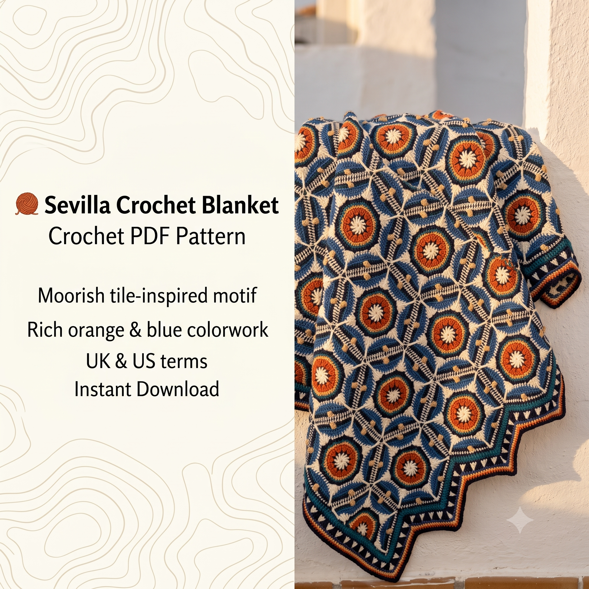 Sevilla Crochet Blanket Pattern PDF, Moorish Tile Inspired Throw, Colorful Medallion Blanket, UK & US Terms, Instant Download